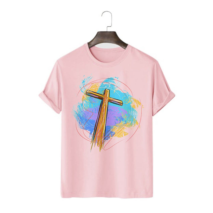 Christianartworkshop Farbiges, kurzärmliges, gewaschenes T-Shirt mit Segenskreuz