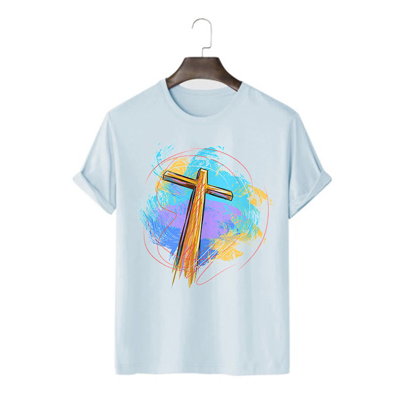 Christianartworkshop Farbiges, kurzärmliges, gewaschenes T-Shirt mit Segenskreuz