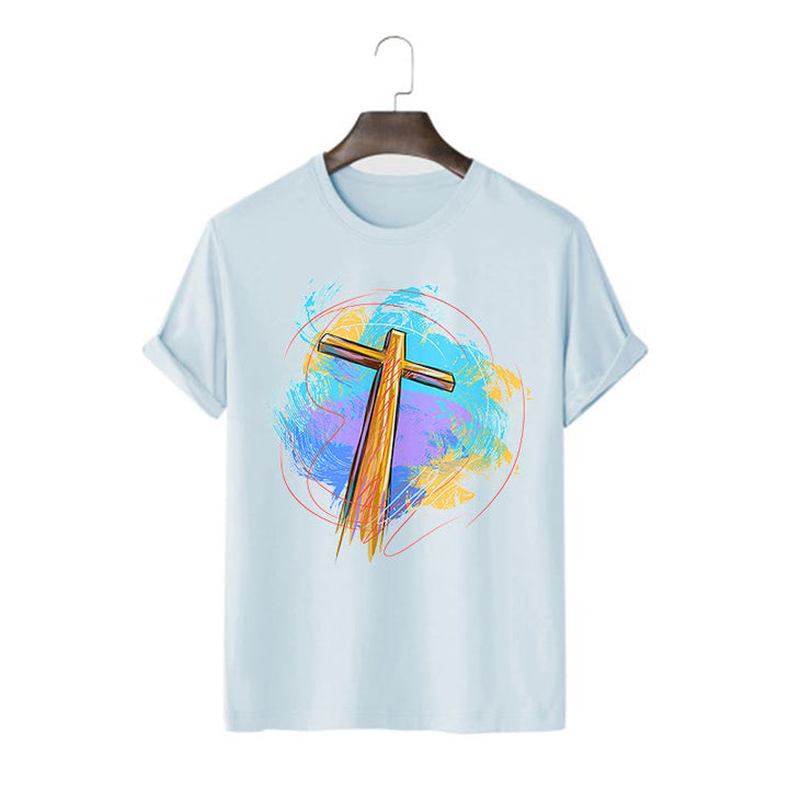 Christianartworkshop Farbiges, kurzärmliges, gewaschenes T-Shirt mit Segenskreuz