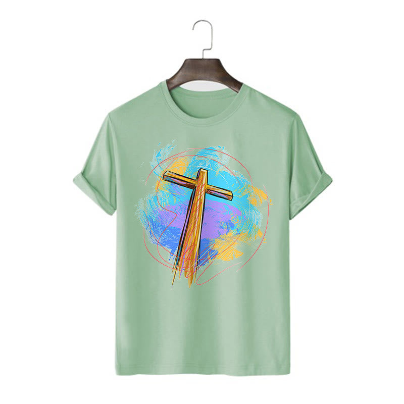 Christianartworkshop Farbiges, kurzärmliges, gewaschenes T-Shirt mit Segenskreuz