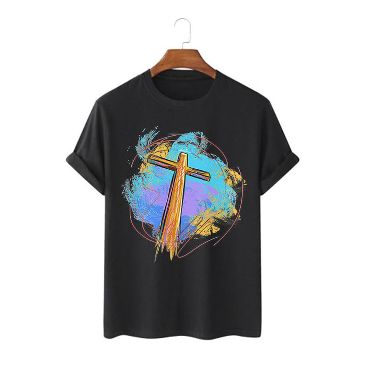Christianartworkshop Farbiges, kurzärmliges, gewaschenes T-Shirt mit Segenskreuz