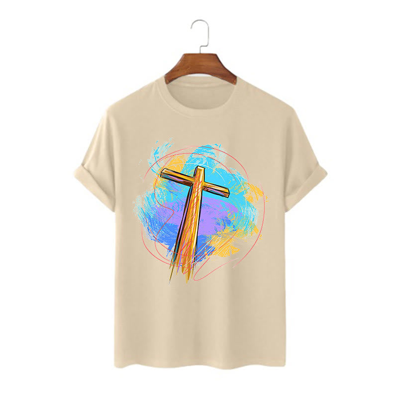 Christianartworkshop Farbiges, kurzärmliges, gewaschenes T-Shirt mit Segenskreuz