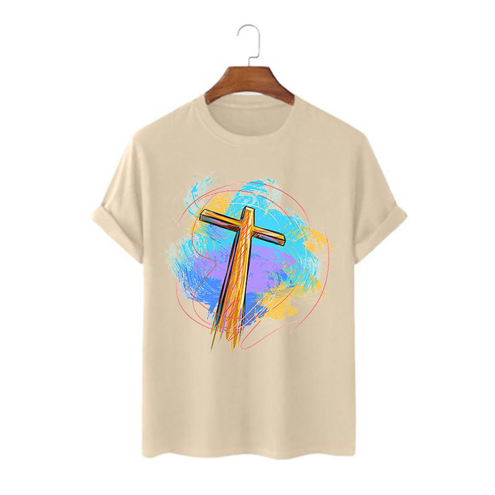 Christianartworkshop Farbiges, kurzärmliges, gewaschenes T-Shirt mit Segenskreuz