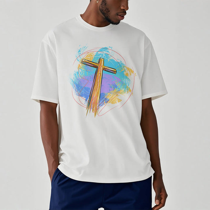 Christianartworkshop Farbiges, kurzärmliges, gewaschenes T-Shirt mit Segenskreuz