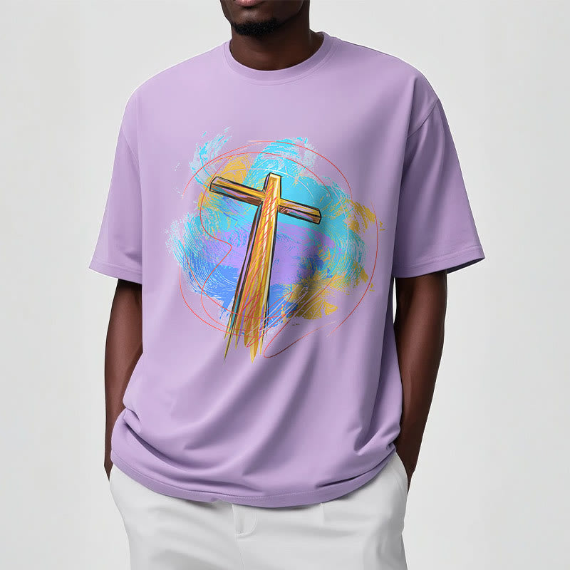 Christianartworkshop Farbiges, kurzärmliges, gewaschenes T-Shirt mit Segenskreuz