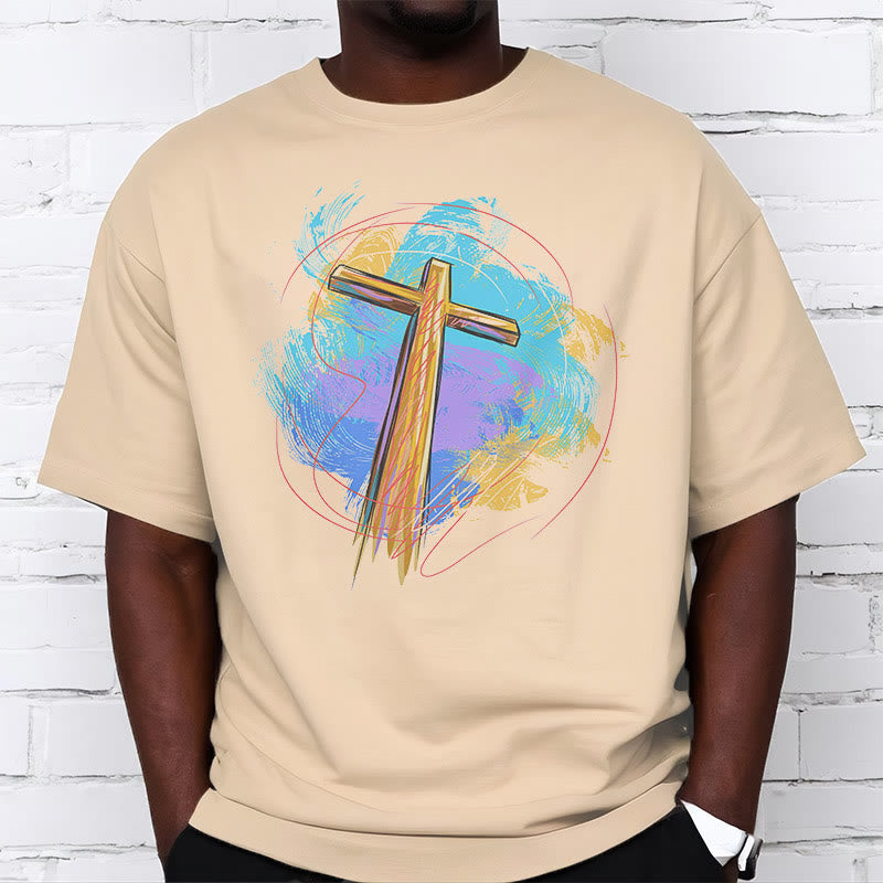 Christianartworkshop Farbiges, kurzärmliges, gewaschenes T-Shirt mit Segenskreuz