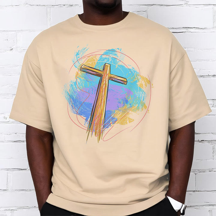 Christianartworkshop Farbiges, kurzärmliges, gewaschenes T-Shirt mit Segenskreuz