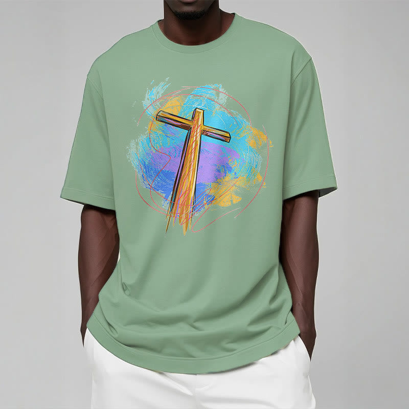 Christianartworkshop Farbiges, kurzärmliges, gewaschenes T-Shirt mit Segenskreuz