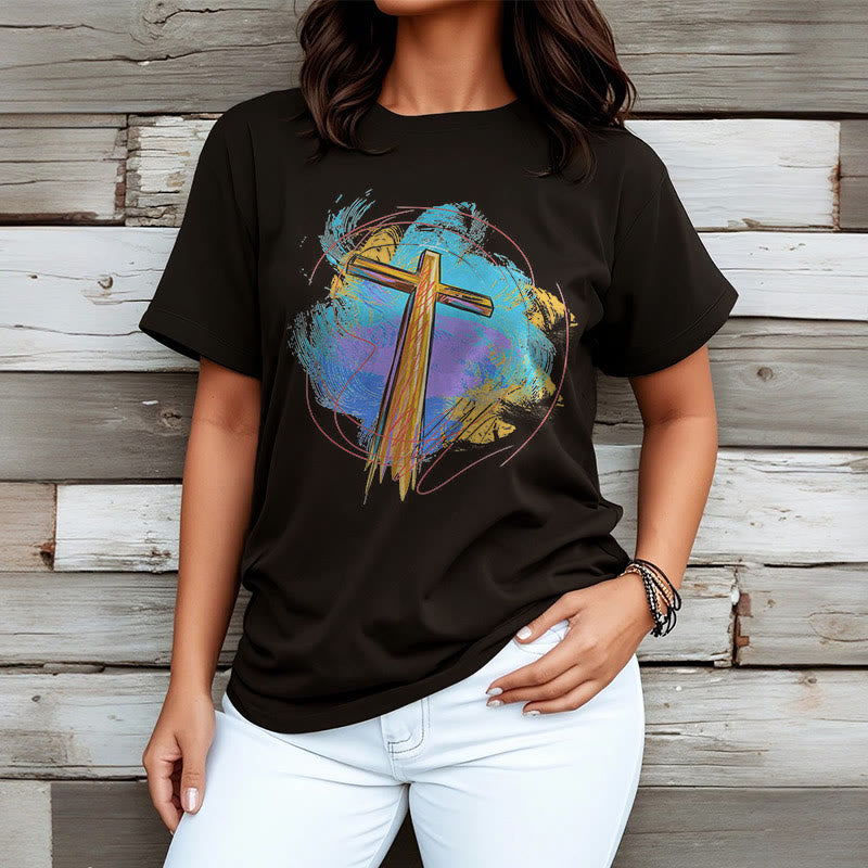 Christianartworkshop Farbiges, kurzärmliges, gewaschenes T-Shirt mit Segenskreuz