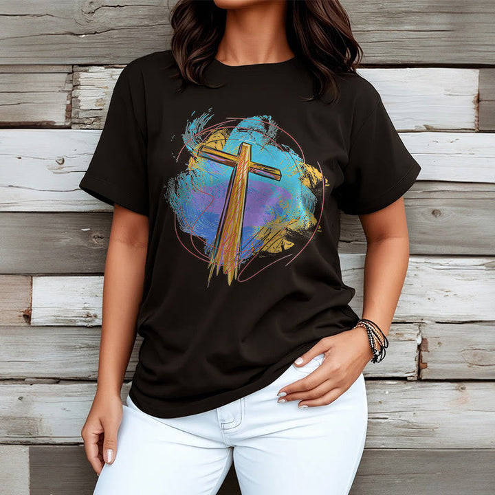 Christianartworkshop Farbiges, kurzärmliges, gewaschenes T-Shirt mit Segenskreuz