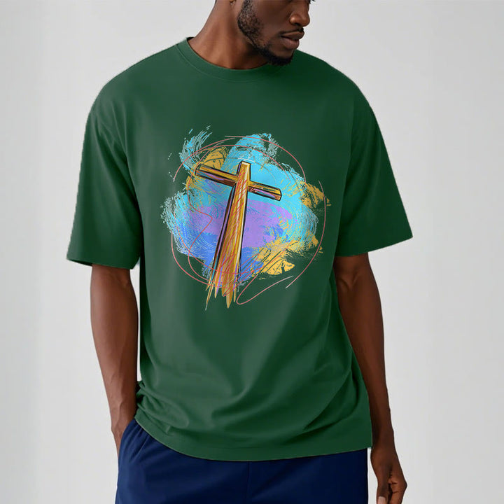 Christianartworkshop Farbiges, kurzärmliges, gewaschenes T-Shirt mit Segenskreuz