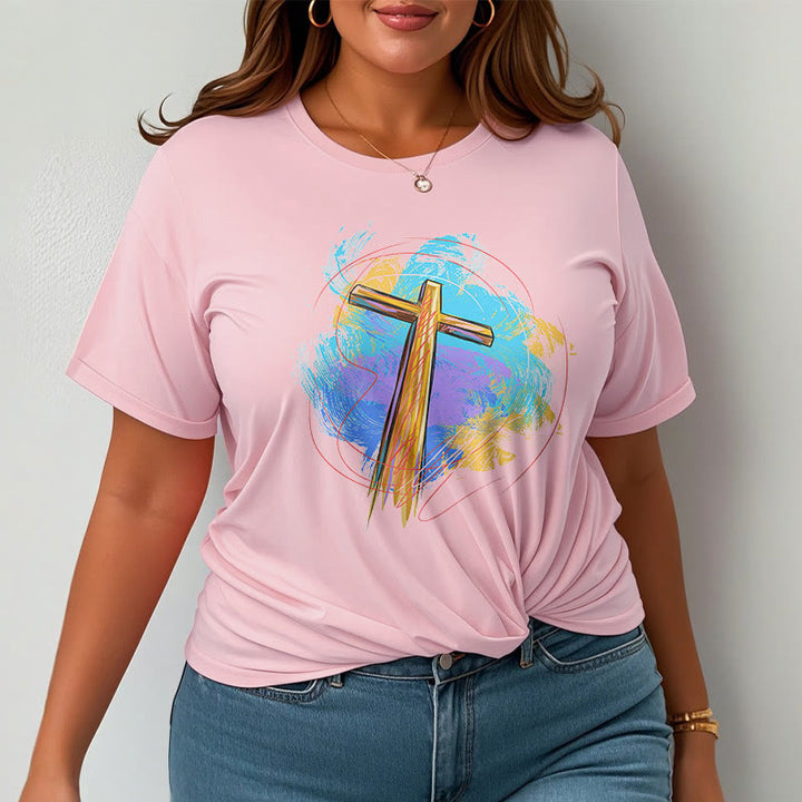 Christianartworkshop Farbiges, kurzärmliges, gewaschenes T-Shirt mit Segenskreuz