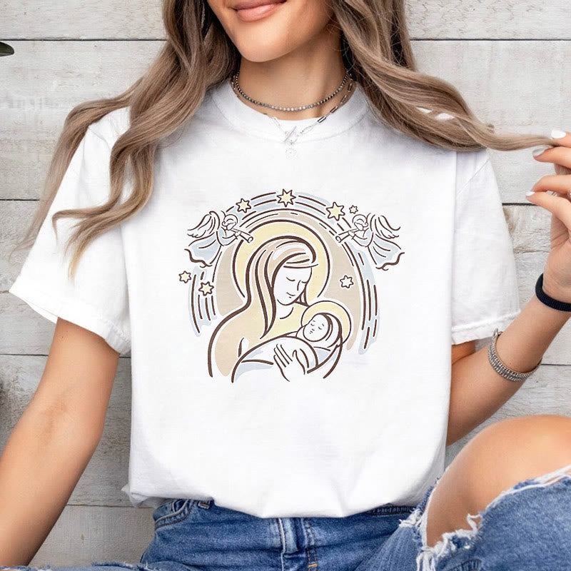 Christianartworkshop T-Shirt mit Cartoon-Motiv „Madonna und Kind“, kurzärmlig, gewaschen