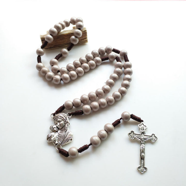 Christianartworkshop Rosenkranz Madonna mit Kind und Kruzifix aus 10 mm rundem braunem Holz mit Nylonschnur