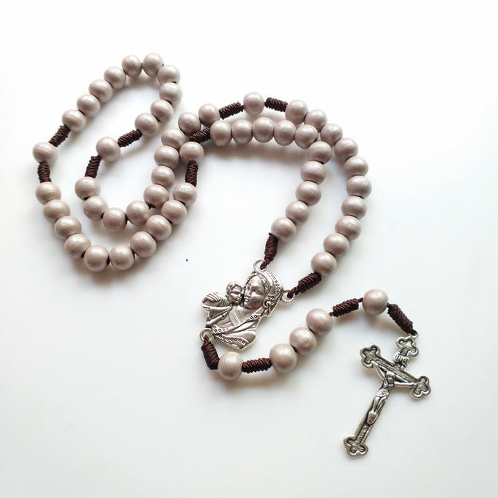 Christianartworkshop Rosenkranz Madonna mit Kind und Kruzifix aus 10 mm rundem braunem Holz mit Nylonschnur