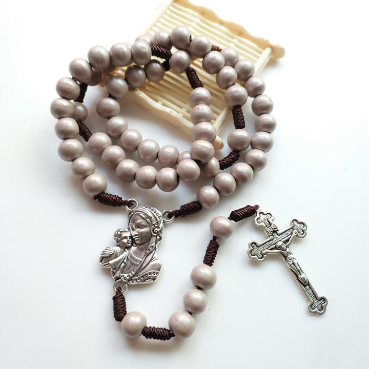 Christianartworkshop Rosenkranz Madonna mit Kind und Kruzifix aus 10 mm rundem braunem Holz mit Nylonschnur