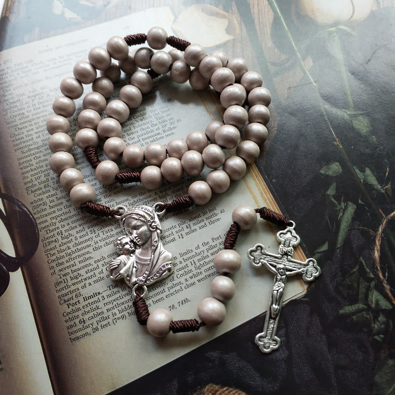 Christianartworkshop Rosenkranz Madonna mit Kind und Kruzifix aus 10 mm rundem braunem Holz mit Nylonschnur