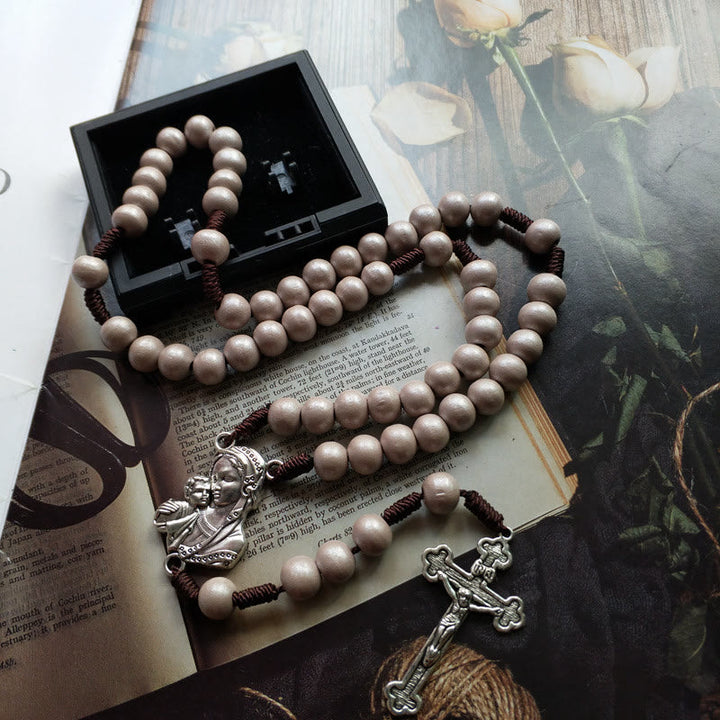 Christianartworkshop Rosenkranz Madonna mit Kind und Kruzifix aus 10 mm rundem braunem Holz mit Nylonschnur