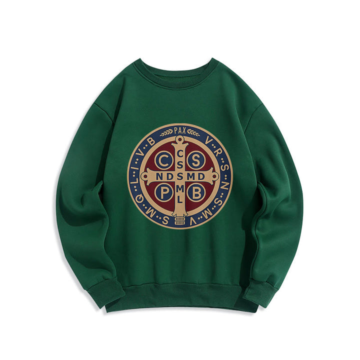 Christianartworkshop Klassisches, farbiges Sweatshirt mit Fleecefutter aus Polyester im St. Benedict-Beschützer-Stil