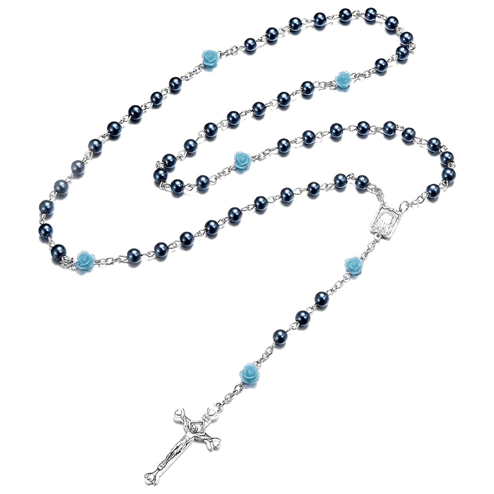 Christianartworkshop Madonna im Profil und Kruzifix aus 6 mm runder, mehrfarbiger Perlenkette aus Legierung mit Rosenkranz (8 Farben)