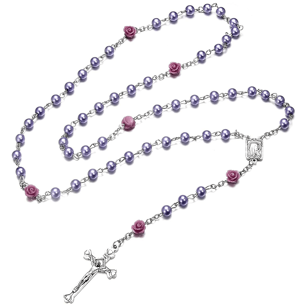 Christianartworkshop Madonna im Profil und Kruzifix aus 6 mm runder, mehrfarbiger Perlenkette aus Legierung mit Rosenkranz (8 Farben)