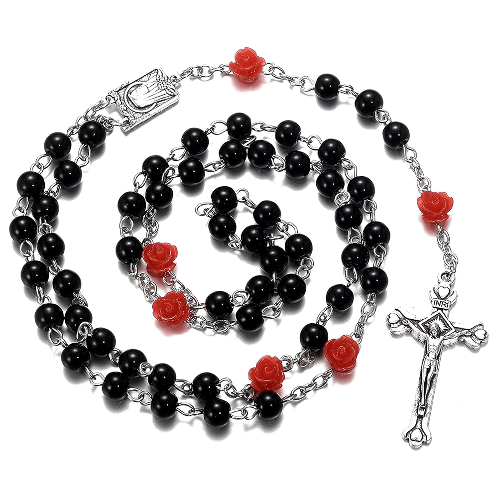Christianartworkshop Madonna im Profil und Kruzifix aus 6 mm runder, mehrfarbiger Perlenkette aus Legierung mit Rosenkranz (8 Farben)