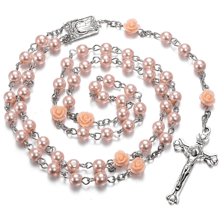 Christianartworkshop Madonna im Profil und Kruzifix aus 6 mm runder, mehrfarbiger Perlenkette aus Legierung mit Rosenkranz (8 Farben)