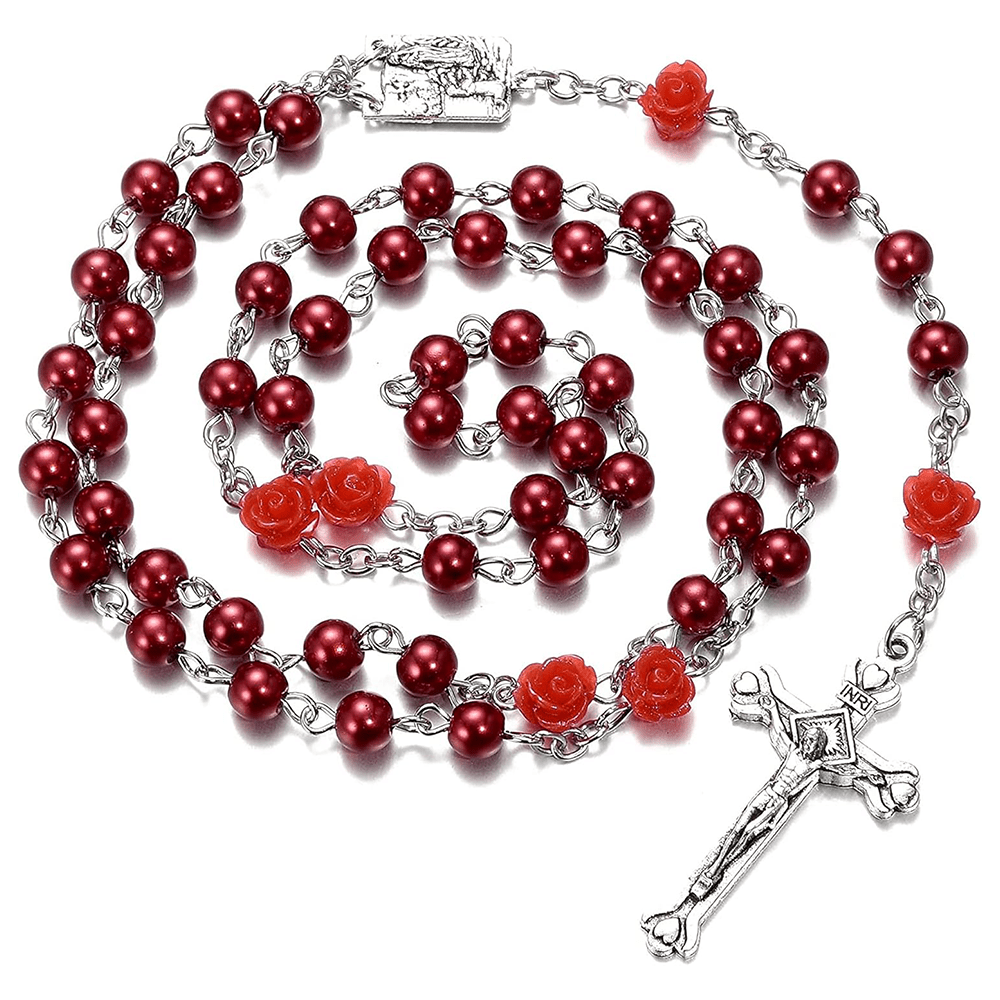 Christianartworkshop Madonna im Profil und Kruzifix aus 6 mm runder, mehrfarbiger Perlenkette aus Legierung mit Rosenkranz (8 Farben)