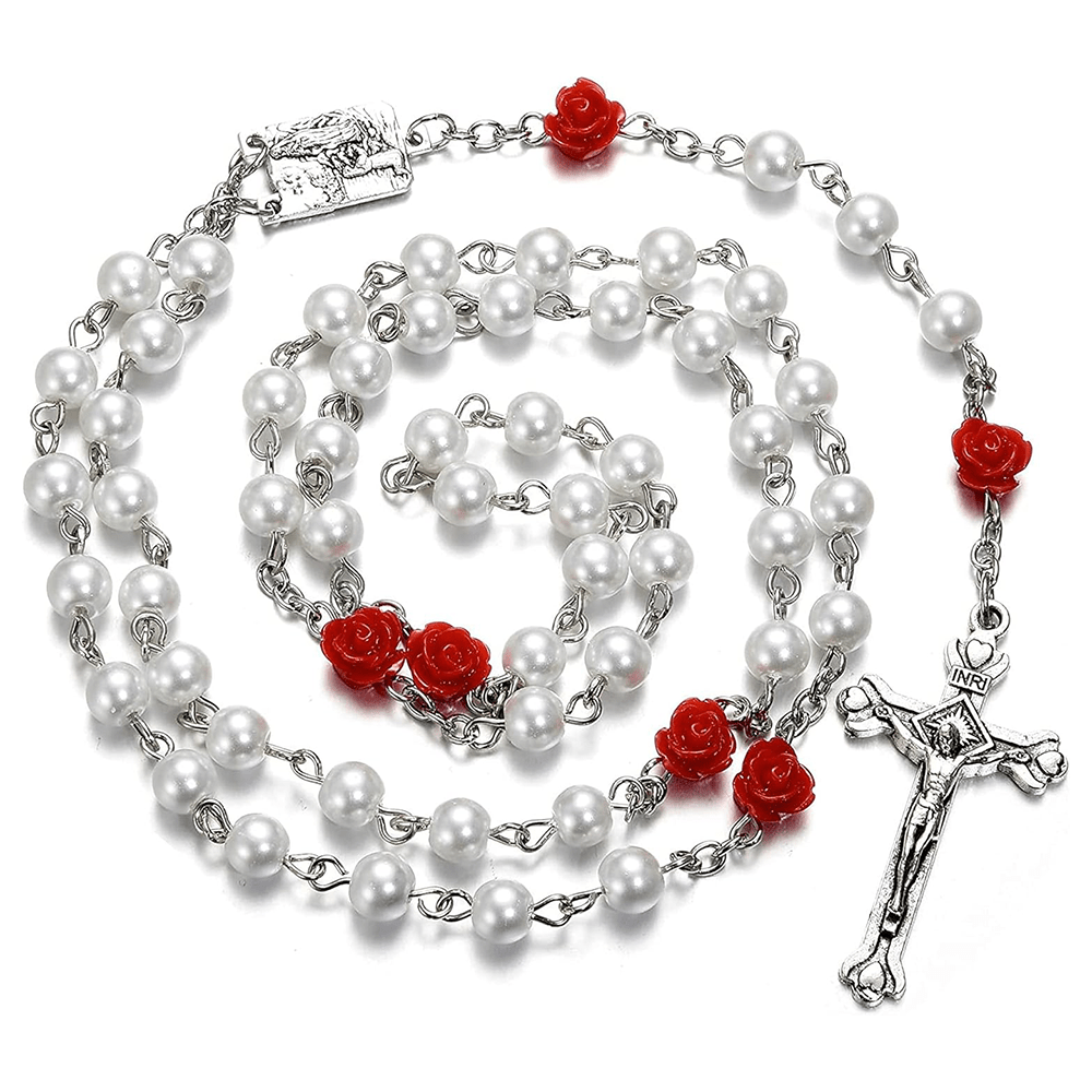 Christianartworkshop Madonna im Profil und Kruzifix aus 6 mm runder, mehrfarbiger Perlenkette aus Legierung mit Rosenkranz (8 Farben)