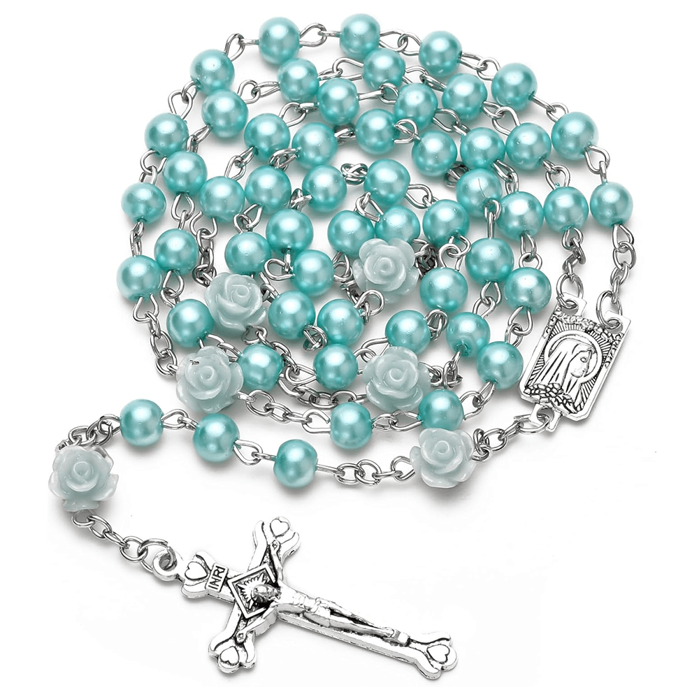Christianartworkshop Madonna im Profil und Kruzifix aus 6 mm runder, mehrfarbiger Perlenkette aus Legierung mit Rosenkranz (8 Farben)
