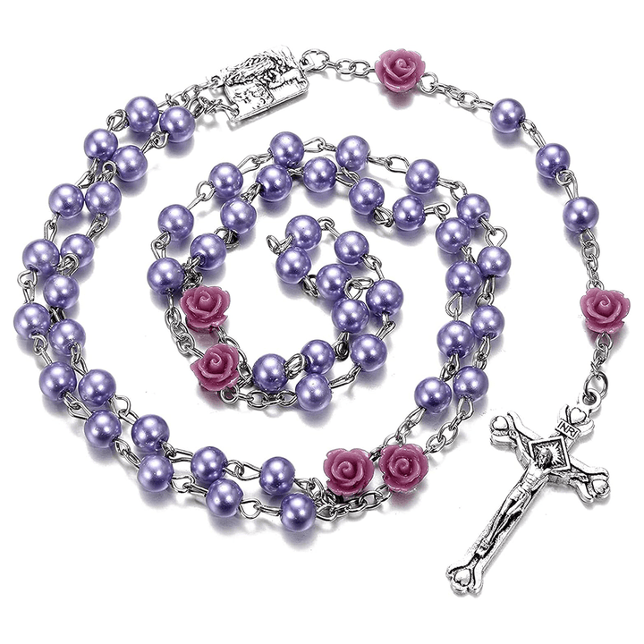 Christianartworkshop Madonna im Profil und Kruzifix aus 6 mm runder, mehrfarbiger Perlenkette aus Legierung mit Rosenkranz (8 Farben) - Violett - image 5