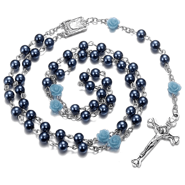 Christianartworkshop Madonna im Profil und Kruzifix aus 6 mm runder, mehrfarbiger Perlenkette aus Legierung mit Rosenkranz (8 Farben)