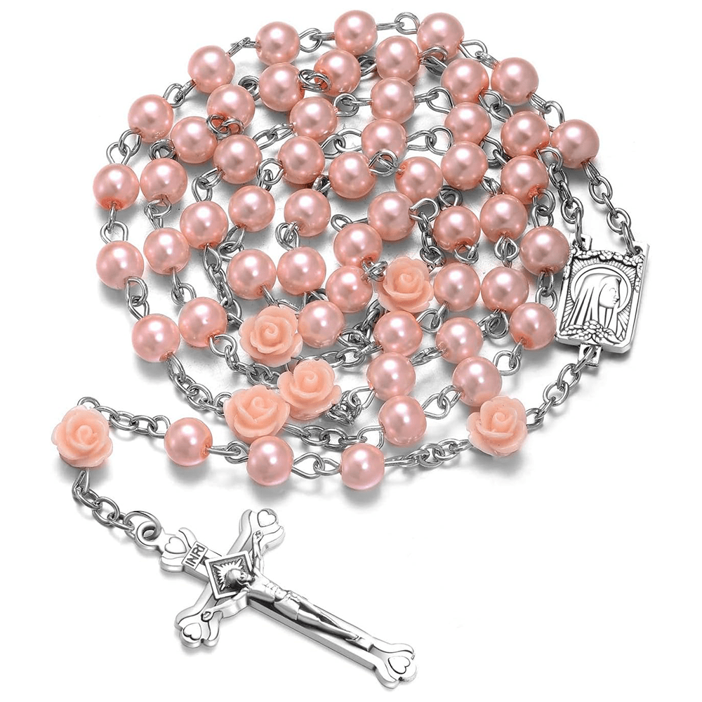 Christianartworkshop Madonna im Profil und Kruzifix aus 6 mm runder, mehrfarbiger Perlenkette aus Legierung mit Rosenkranz (8 Farben) - Rosa - image 0