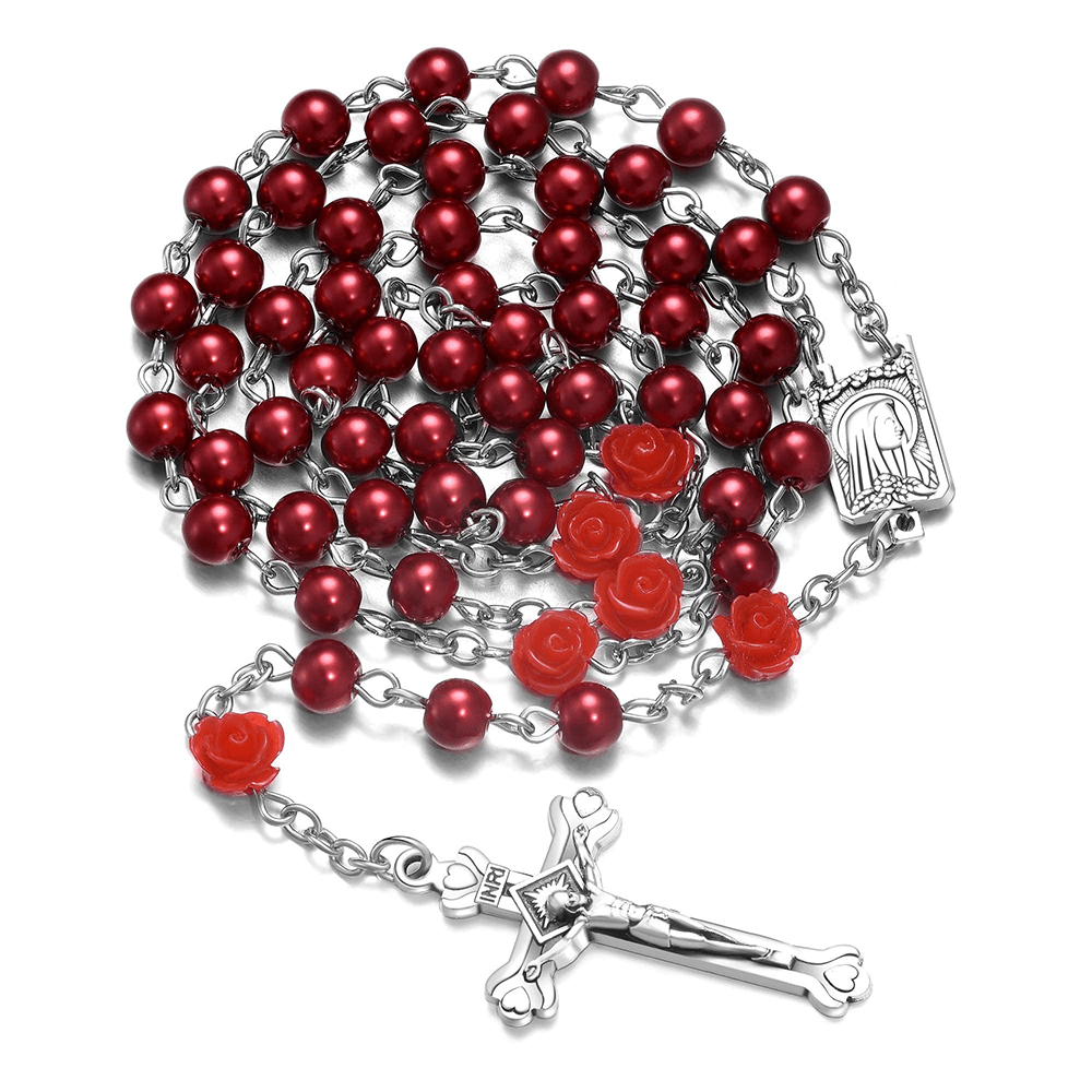 Christianartworkshop Madonna im Profil und Kruzifix aus 6 mm runder, mehrfarbiger Perlenkette aus Legierung mit Rosenkranz (8 Farben)