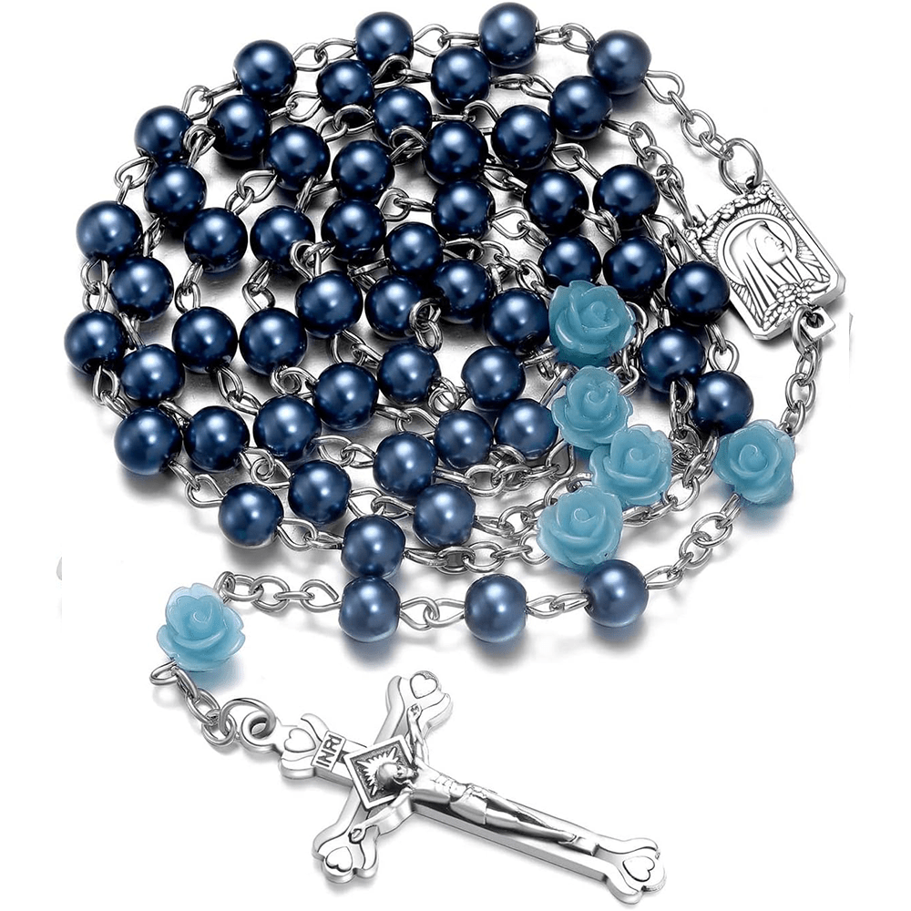 Christianartworkshop Madonna im Profil und Kruzifix aus 6 mm runder, mehrfarbiger Perlenkette aus Legierung mit Rosenkranz (8 Farben) - Blau - image 2