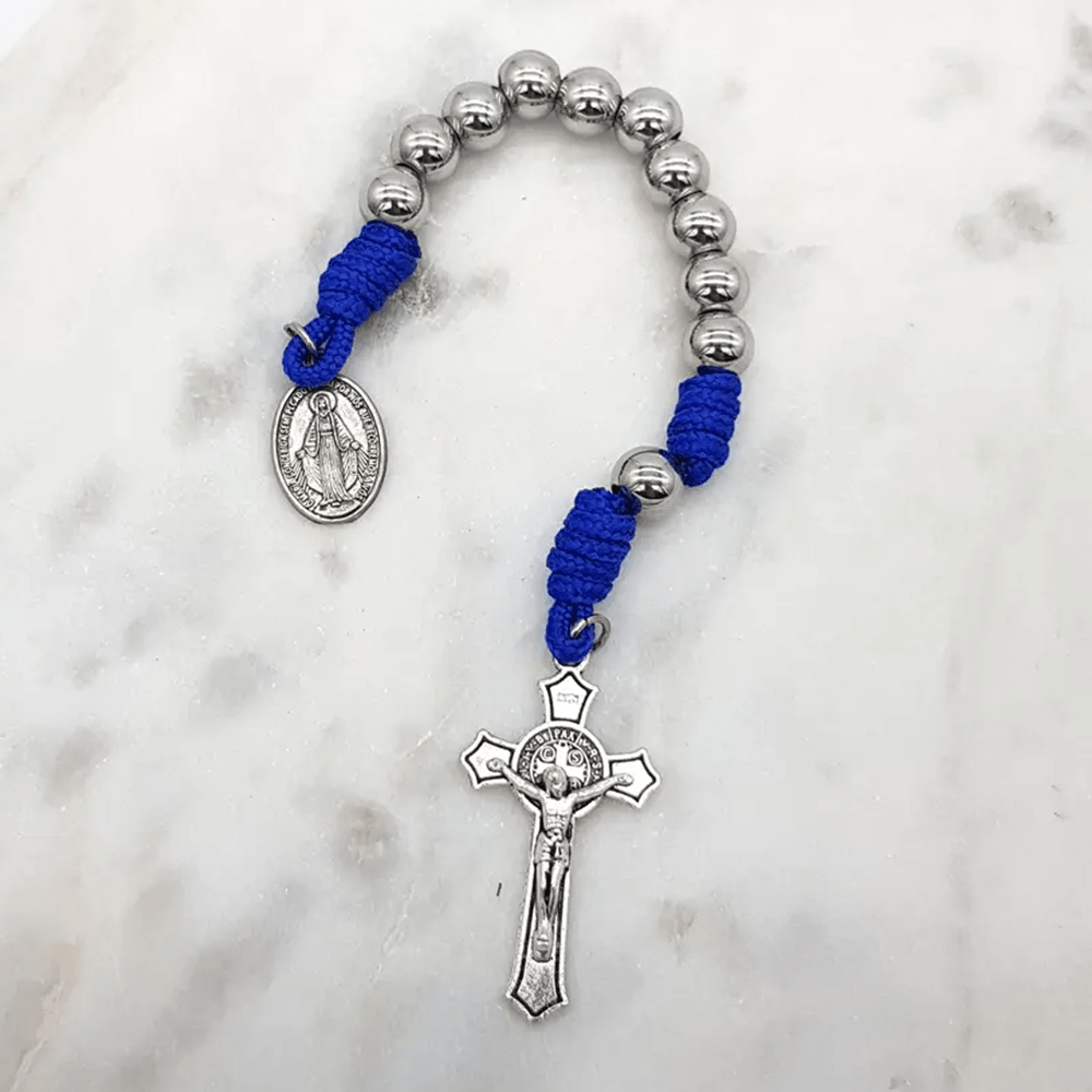 Christianartworkshop Wundertätige Medaille und Kruzifix aus 8 mm rundem Silber-Edelstahl, blaues Paracord-Taschenrosenkranz
