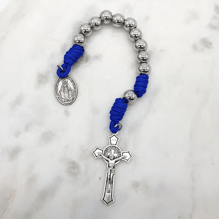 Christianartworkshop Wundertätige Medaille und Kruzifix aus 8 mm rundem Silber-Edelstahl, blaues Paracord-Taschenrosenkranz