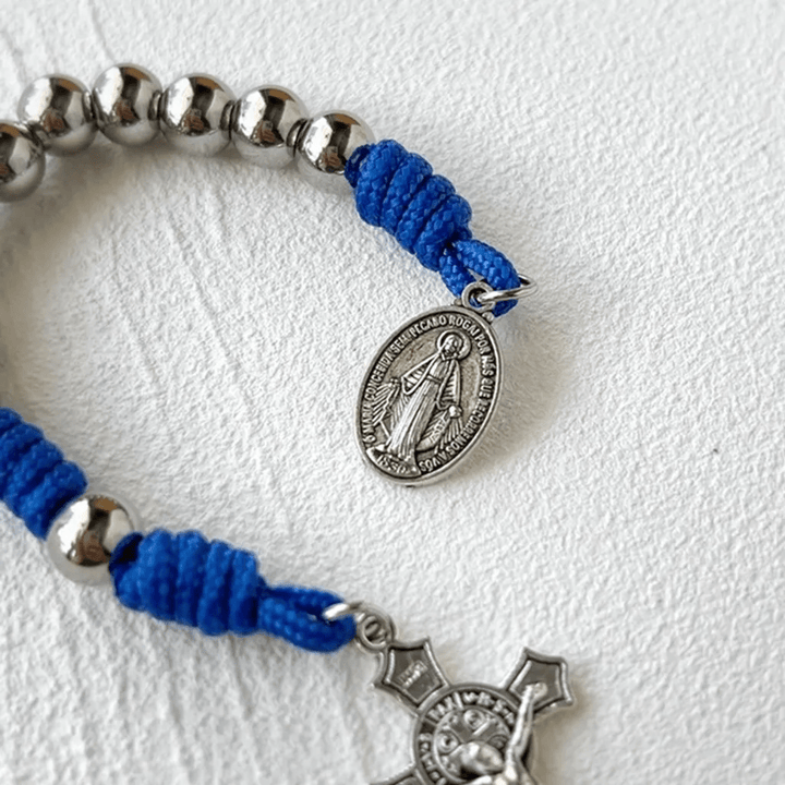 Christianartworkshop Wundertätige Medaille und Kruzifix aus 8 mm rundem Silber-Edelstahl, blaues Paracord-Taschenrosenkranz