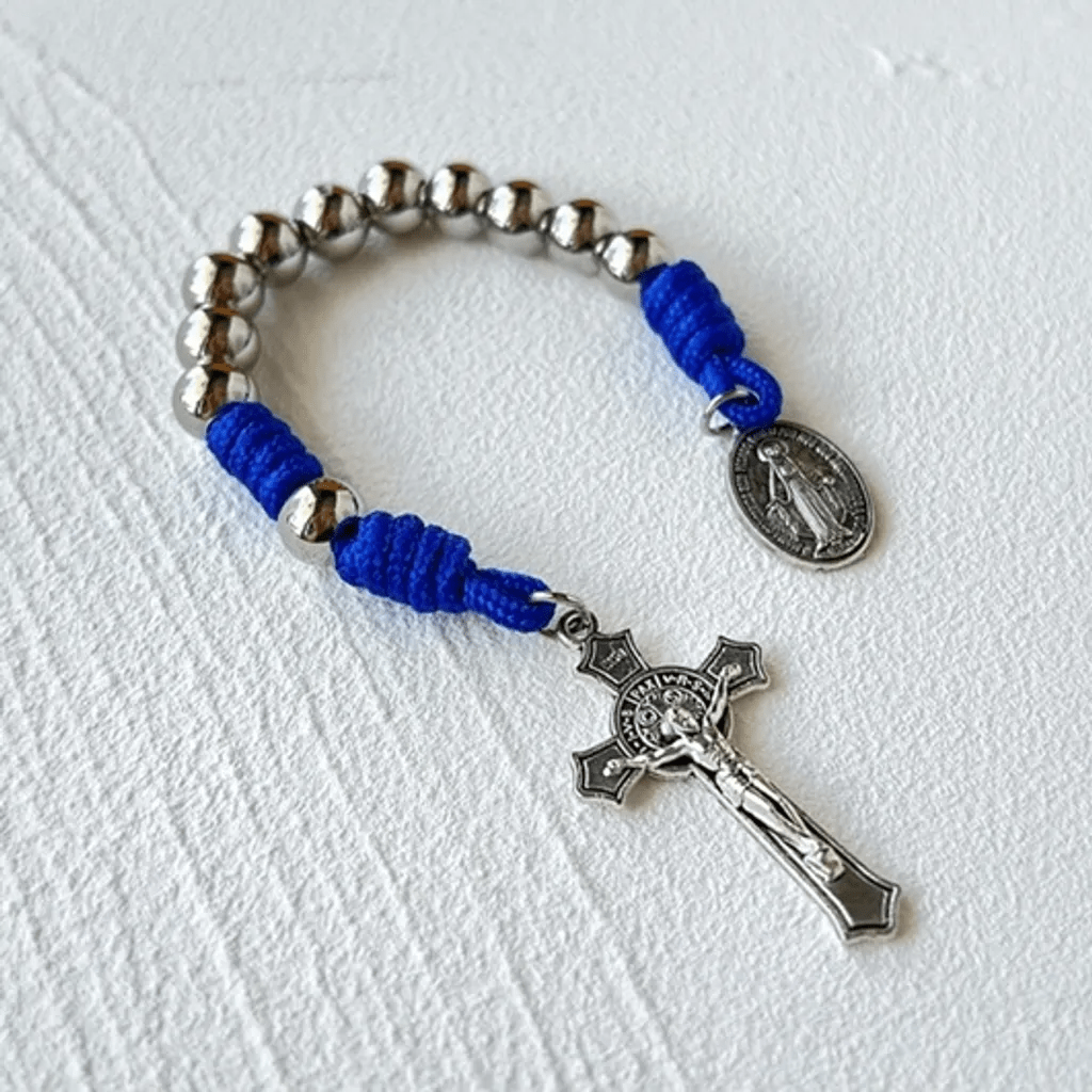 Christianartworkshop Wundertätige Medaille und Kruzifix aus 8 mm rundem Silber-Edelstahl, blaues Paracord-Taschenrosenkranz
