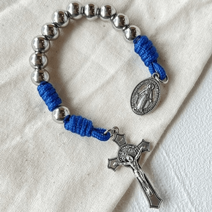 Christianartworkshop Wundertätige Medaille und Kruzifix aus 8 mm rundem Silber-Edelstahl, blaues Paracord-Taschenrosenkranz