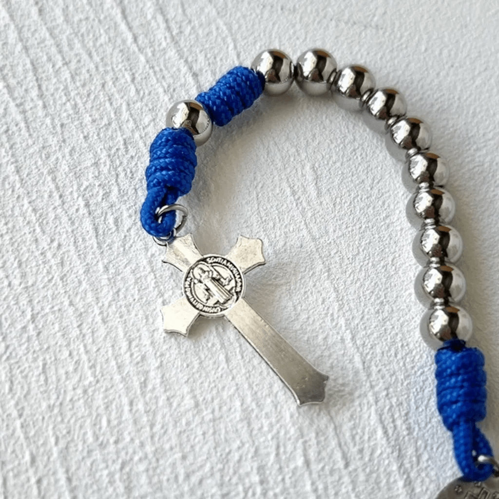 Christianartworkshop Wundertätige Medaille und Kruzifix aus 8 mm rundem Silber-Edelstahl, blaues Paracord-Taschenrosenkranz