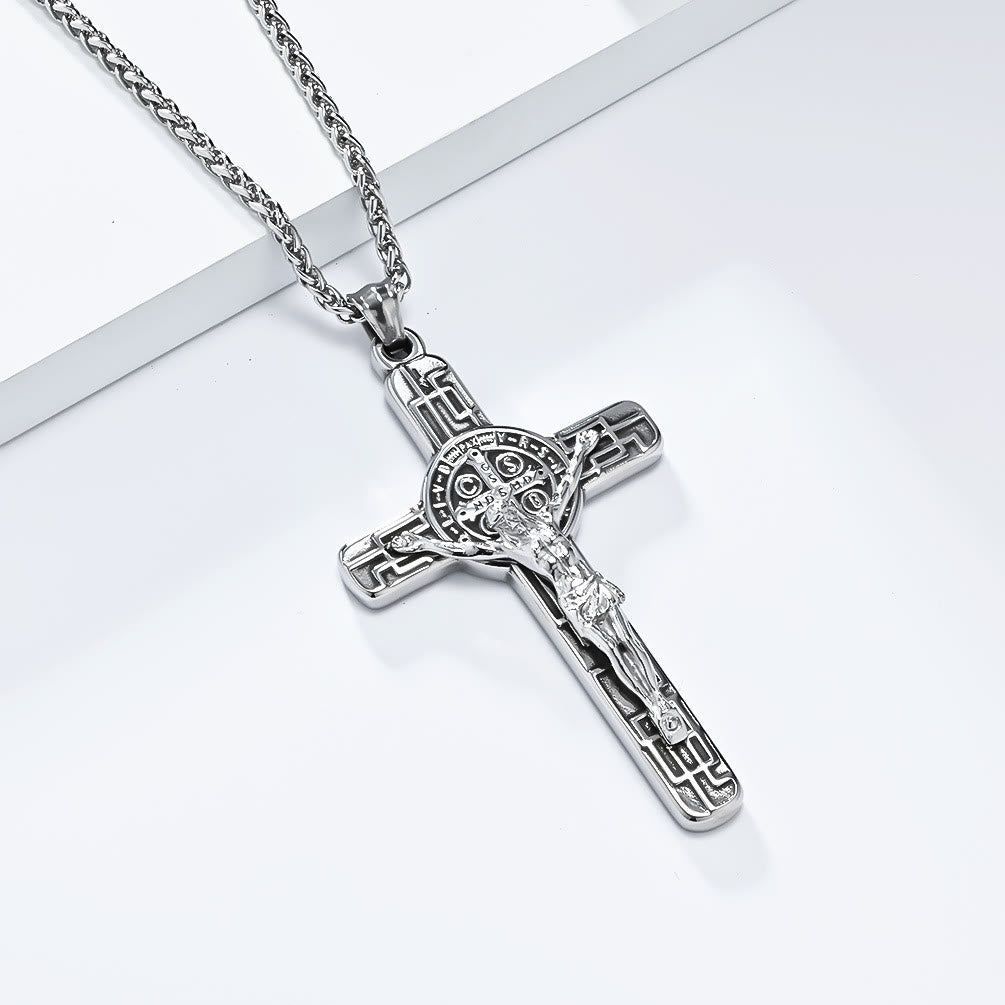 Christianartworkshop Halskette mit Anhänger im klassischen Retro-Stil mit Kruzifix und St. Benedikt-Medaille, Schutz