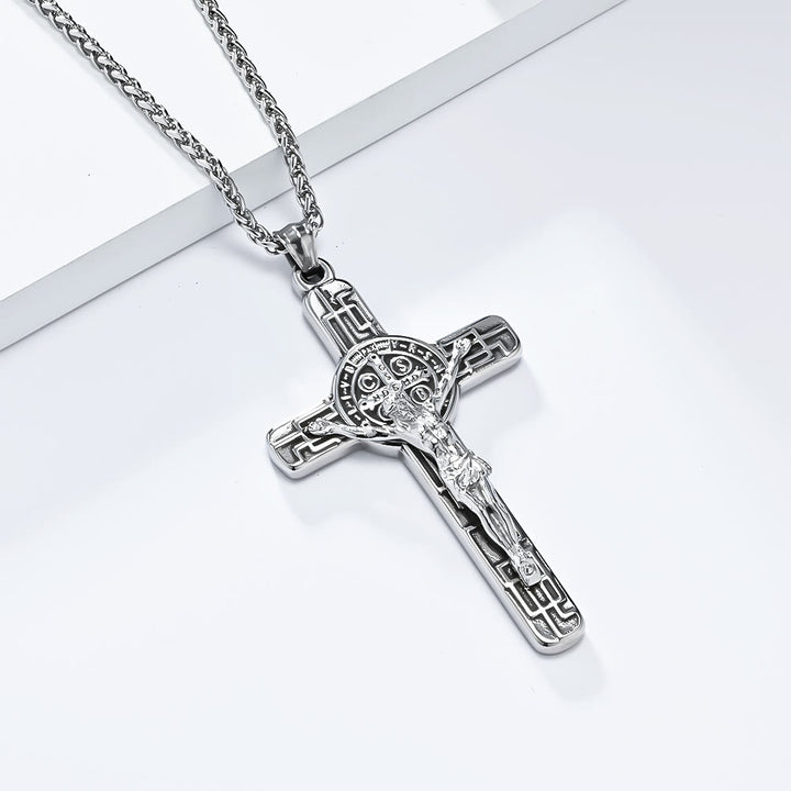 Christianartworkshop Halskette mit Anhänger im klassischen Retro-Stil mit Kruzifix und St. Benedikt-Medaille, Schutz