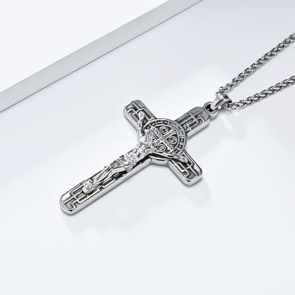 Christianartworkshop Halskette mit Anhänger im klassischen Retro-Stil mit Kruzifix und St. Benedikt-Medaille, Schutz