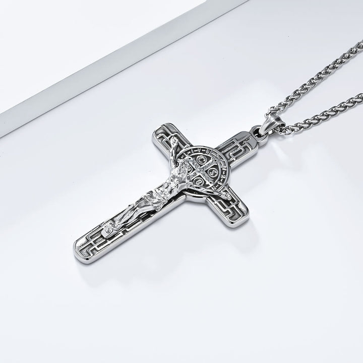 Christianartworkshop Halskette mit Anhänger im klassischen Retro-Stil mit Kruzifix und St. Benedikt-Medaille, Schutz