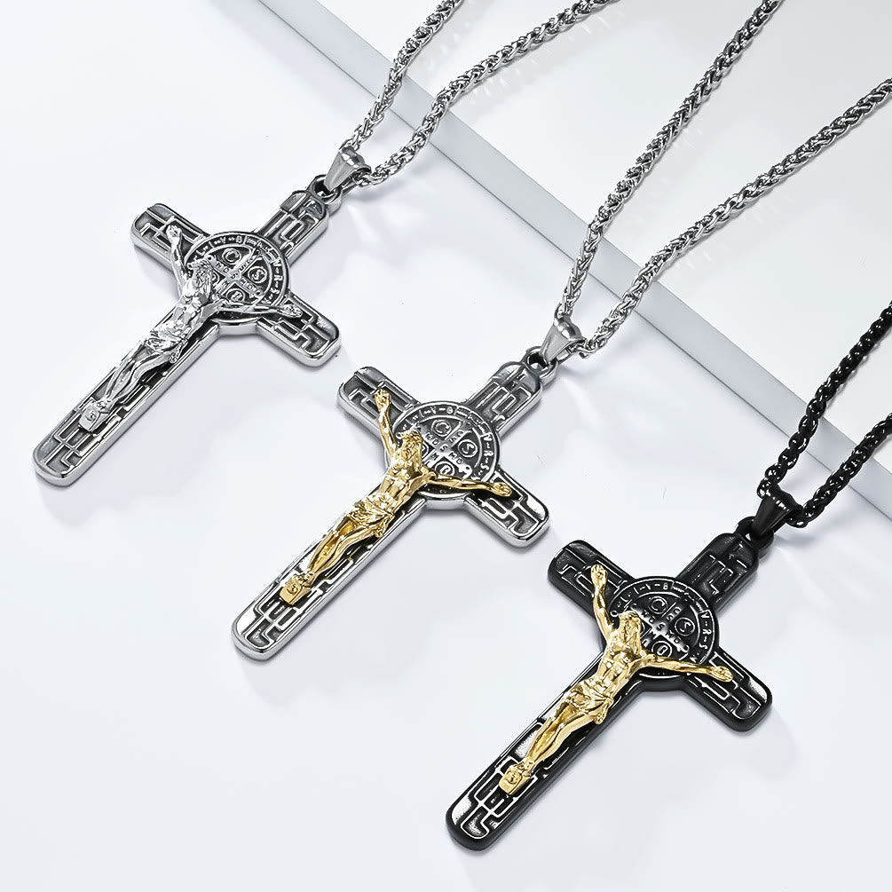 Christianartworkshop Halskette mit Anhänger im klassischen Retro-Stil mit Kruzifix und St. Benedikt-Medaille, Schutz