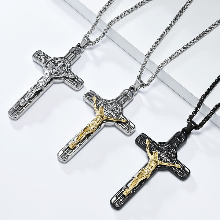Christianartworkshop Halskette mit Anhänger im klassischen Retro-Stil mit Kruzifix und St. Benedikt-Medaille, Schutz