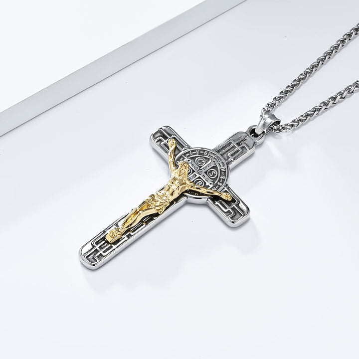 Christianartworkshop Halskette mit Anhänger im klassischen Retro-Stil mit Kruzifix und St. Benedikt-Medaille, Schutz