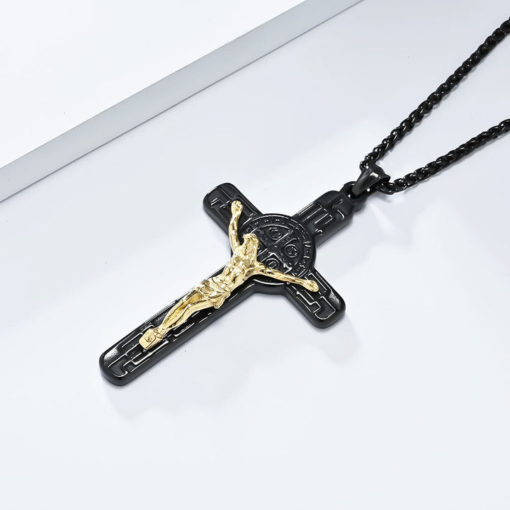 Christianartworkshop Halskette mit Anhänger im klassischen Retro-Stil mit Kruzifix und St. Benedikt-Medaille, Schutz