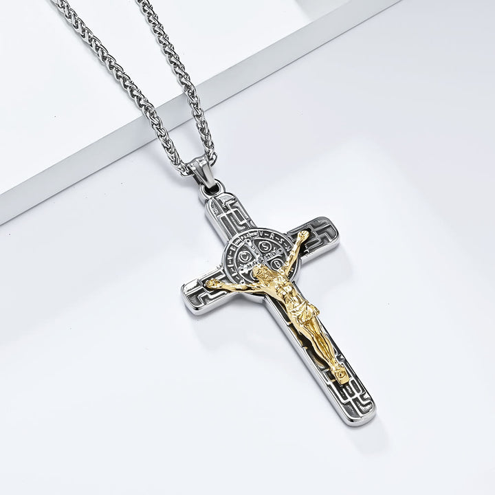 Christianartworkshop Halskette mit Anhänger im klassischen Retro-Stil mit Kruzifix und St. Benedikt-Medaille, Schutz